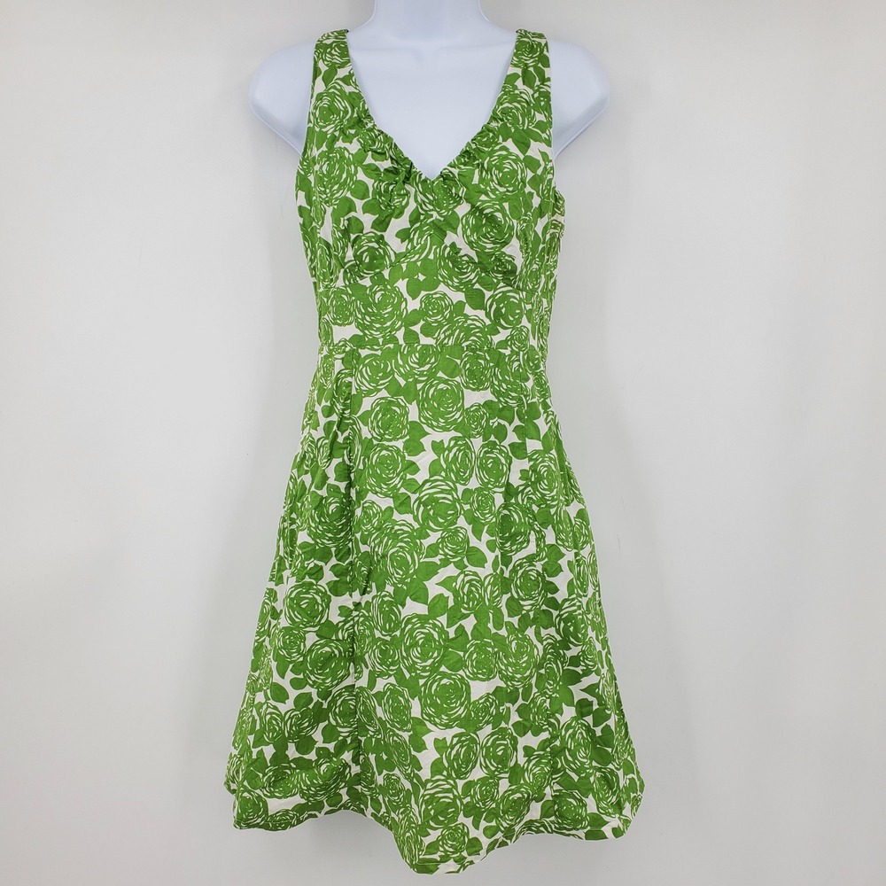 Boden Green White Rose Floral V Neck Fit Flare Dress Sleeveless 10 Cottagecore